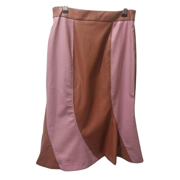 NWT Voy Brown & Mauve Colorblock Faux Leather Midi Skirt~Side Zip~SMALL - Picture 2 of 6
